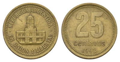 Аргентина 25 сентаво 1992 ратуша Буэнос-Айреса KM 110.1 алюминиевая бронза 4686-414