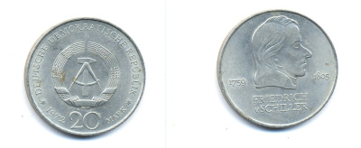 ГДР 20 марок 1972 А, Фридрих Шиллер (1759-1805) KM 40 медно-никель 3333-644