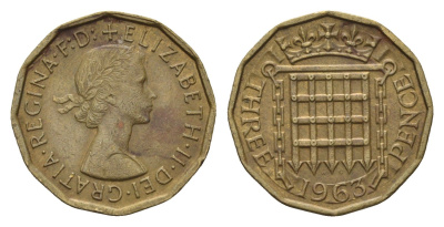 Великобритания 3 пенса 1963 Елизавета II (1952-2022) KM 900, Spink 4153 никель латунь 4648-1234