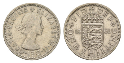 Великобритания 1 шиллинг 1961 Елизавета II (1952-2022), Английский герб KM 904, Spink 4147 медно-никель 4177-314