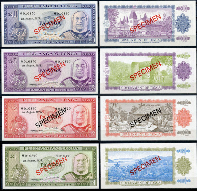 Тонга 1, 2, 5 и 10 паанга 1978 образец, Specimen, № 010870 Pick 19 s, 20 s, 21 s, 22 s  бумага  UNC (пресс) 451-4-2