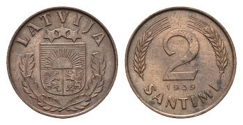 Латвия 2 сантима 1939 KM 11.2 бронза 4689-938