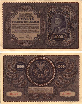 Польша 1000 марок 1919 23 августа 1919, II серия, портрет Костюшко, серия U Pick 29 (2)  бумага   8609-17-1-1