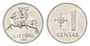 Литва 1 цент (сент) 1991 год-тип KM 85 алюминий aUNC 4689-1028