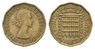 Великобритания 3 пенса 1963 Елизавета II (1952-2022) KM 900, Spink 4153 никель латунь 4699-441