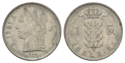Бельгия 1 франк 1951 Belgie KM 143 медно-никель 4684-811