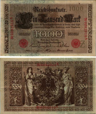 ГЕРМАНИЯ 1000 МАРОК 1910 21 АПРЕЛЯ 1910, СЕМЬ ЦИФР В НОМЕРЕ, КРАСНАЯ ПЕЧАТЬ Pick 44b бумага 6318-19-1