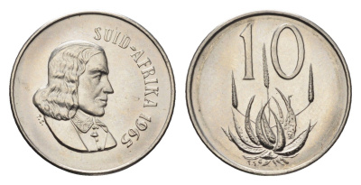 ЮАР 10 центов 1965 Ян ван Рибек (1619-1677), Suid Africa, легенда на африкаанс, цветок алоэ KM 68.2 никель UNC 4690-947