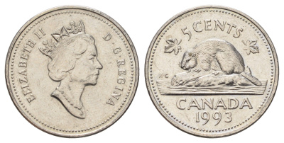 Канада 5 центов 1993 Елизавета II (1952-2022), бобр KM 182 медно-никель aUNC 4689-436