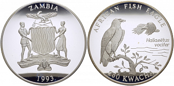 Замбия 250 квача 1993 Африканский рыбный орел, тираж 5000 экземпляров KM 34 серебро PROOF 11-097-12-1