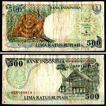 Индонезия 500 рупий 1992/1994 орангутан, дом (Восточное Борнео) Pick 128c бумага 7204-4-2-1