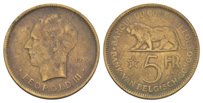 Бельгийское Конго 5 франков 1936 Леопольд III (1934-1951) KM 24 никель латунь 1519-535