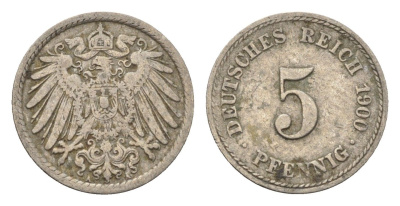 Германия 5 пфеннигов 1900 A KM 11, J. 12 медно-никель 4696-617