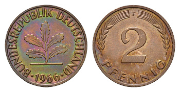 ФРГ 2 пфеннига 1966 F KM 106, J. 381 бронза 4549-1212