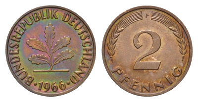 ФРГ 2 пфеннига 1966 F KM 106, J. 381 бронза 4549-1212