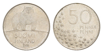 Финляндия 50 пенни 1991 M, полярный медведь KM 66 медно-никель 4647-367