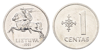 Литва 1 цент (сент) 1991 год-тип KM 85 алюминий UNC 4689-1025