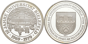Германия медаль 1979 10 ЛЕТ УНИВЕРСИТЕТУ БИЛЕФЕЛЬДА (BIELEFELD), диаметр 35,2 мм., вес 15 гр. серебро PROOF 00-00