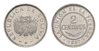 Боливия 2 сентаво 1987 год-тип KM 200 нержавеющая сталь UNC 112-1229