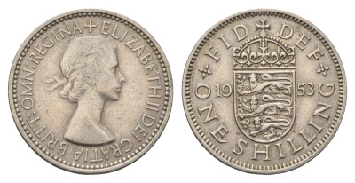 Великобритания 1 шиллинг 1953 год-тип, Елизавета II (1952-2022), Английский герб KM 890, Spink 4139 медно-никель 4695-742