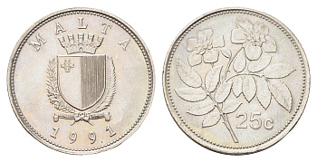 Мальта 25 центов 1991 шиповник вечнозелёный KM 97 медно-никель UNC 4706-454
