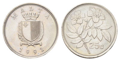 Мальта 25 центов 1991 шиповник вечнозелёный KM 97 медно-никель UNC 4706-454
