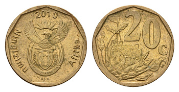 ЮАР 20 центов 2010 герб, цветок протея KM 495 сталь плакированная бронзой 4687-647