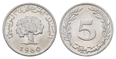 Тунис 5 миллимов 1960 пробковый дуб KM 282 алюминий UNC 4662-641