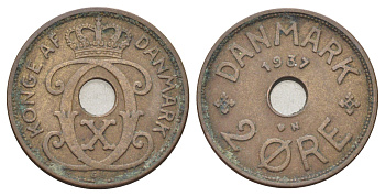 Дания 2 эре 1937 N, Кристиан X (1912-1947) KM 827 бронза 4701-845