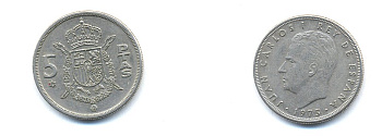 ИСПАНИЯ 5 ПЕСЕТ 1978 KM 807 медно-никель 54-1732