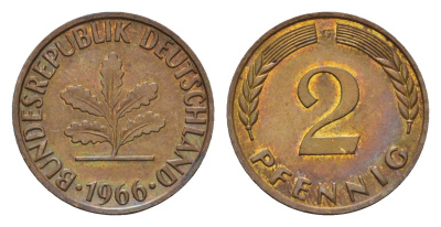 ФРГ 2 пфеннига 1966 G KM 106, J. 381 бронза 3458-369