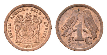 ЮАР 1 цент 1993 герб, капские воробьи KM 132 сталь плакированная медью UNC 4687-117
