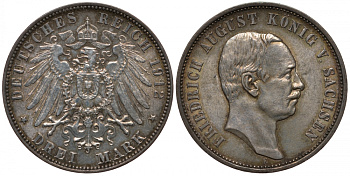Саксония 3 марки 1912 E, Фридрих Август III (1904-1918) Weege 132, J. 135, KM 1267 серебро 00-00
