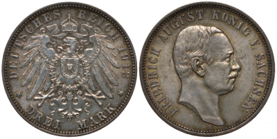 Саксония 3 марки 1912 E, Фридрих Август III (1904-1918) Weege 132, J. 135, KM 1267 серебро 00-00