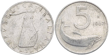 ИТАЛИЯ 5 ЛИР 1967 R, ДЕЛЬФИН, РУЛЬ KM 92 алюминий 4551-117