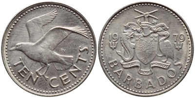 Барбадос 10 центов 1979 смеющаяся (Ацтекская) чайка KM 12 медно-никель 4396-1219