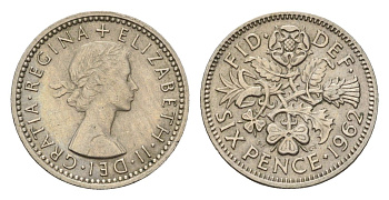 Великобритания 6 пенсов 1962 Елизавета II (1952-2022) KM 903, Spink 4149 медно-никель 100-1022