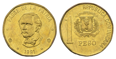 Доминиканская Республика (Доминикана) 1 песо 1991 Хуан Пабло Дуарте KM 80.1 латунь UNC 4693-111