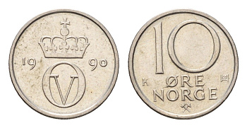 Норвегия 10 эре 1990 Улаф V (1957-1991) KM 416 медно-никель UNC 4684-733