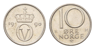 Норвегия 10 эре 1990 Улаф V (1957-1991) KM 416 медно-никель UNC 4684-733