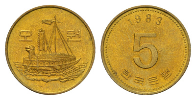 Южная Корея 5 вон 1983 KM 32 латунь UNC 4160-1244