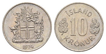 Исландия 10 крон 1974 KM 15 медно-никель UNC 4586-757