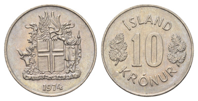 Исландия 10 крон 1974 KM 15 медно-никель UNC 4586-757