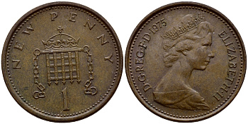 Великобритания 1 пенни 1975 Елизавета II (1952-2022) KM 915, Spink 4237 (B1) бронза 3458-224