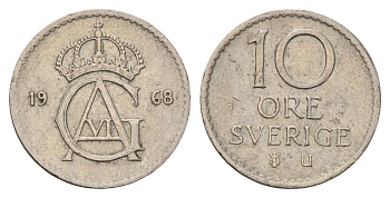 Швеция 10 эре 1968 U Густав VI Адольф (1950-1973) KM 835 медно-никель 4682-212