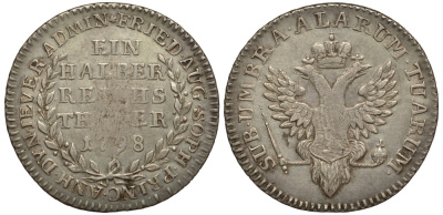 Йевер 1/2 талера 1798 Павел I, Русское правление, тираж 1000 экземпляров Mann 426, Merzdorf 133 серебро 00-00