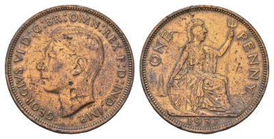 Великобритания 1 пенни 1937 Георг VI (1936-1952) КМ 845, Spink 4114 бронза 4120-941