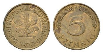 ФРГ 5 пфеннигов 1978 D KM 107, J. 382 сталь плакированная латунью 4685-1239