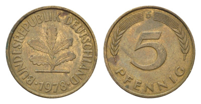 ФРГ 5 пфеннигов 1978 D KM 107, J. 382 сталь плакированная латунью 4685-1239