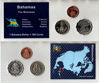 Багамские Острова (Багамы) набор из 3 монет (1, 5 и 10) 2005, 2007 и 2009 в красочной упаковке с информацией о стране KM 60, 61, 62 UNC 5-4-1-63
